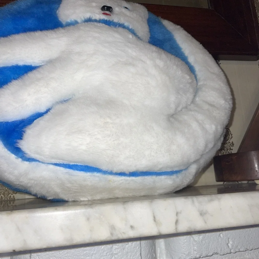 Eclectic 1960 Vintage Circular Pillow Blue White 2D Cat Marble Like Eyes Kitschy